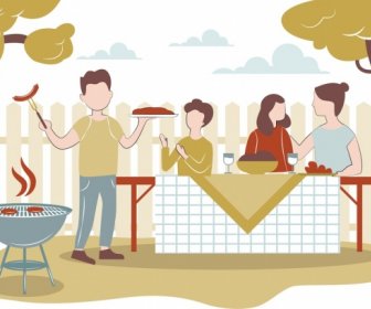 Lifestyle Background Gathering People Barbecue Icons Cartoon Sketch