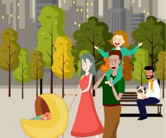 生活方式背景快樂家庭公園圖示卡通人物