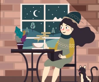 Lifestyle Background Relaxed Woman Indoors Icons Cartoon Character