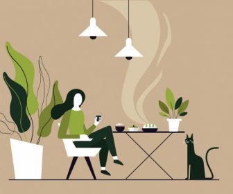 Lifestyle Background Relaxed Woman Meal Icons Cartoon Sketch