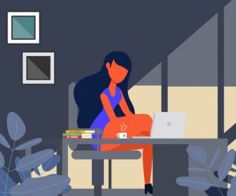 Kız Dizüstü Bilgisayar Simgeleri Karikatür Kroki Rahatlatıcı Yaşam Tarzı Arka Plan