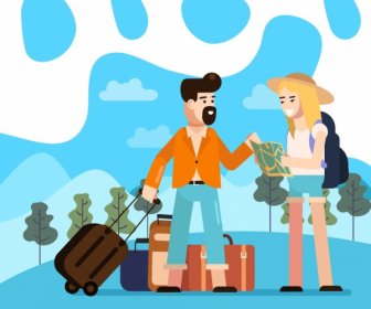 Lifestyle Background Travel Theme Young Couple Luggage Icons