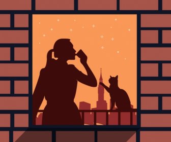 Lifestyle Background Woman Cat Window Icons Silhouette Decor