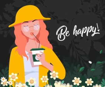 Lifestyle Banner Beautiful Girl Flowers Icons Colored Cartoon