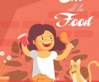 Lifestyle Banner Girl Cat Food Icons Cartoon Design