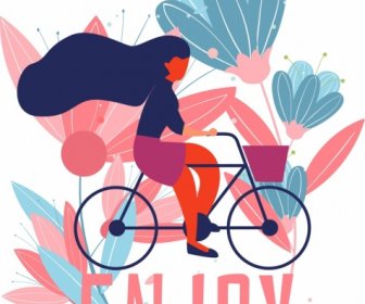Estilo De Vida Banner Menina Que Anda De Bicicleta ícone Design Clássico