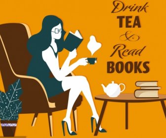 Lifestyle Banner Reading Woman Tea Break Icon