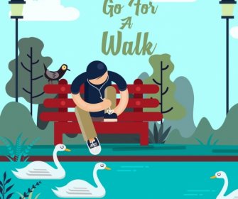 Lifestyle Banner Relaxing Man Park Icons Cartoon Design