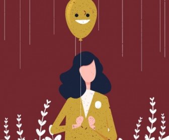 Yaşam Tarzı Afiş Kadın Gülümseme Balon Simgeleri Klasik Tasarım