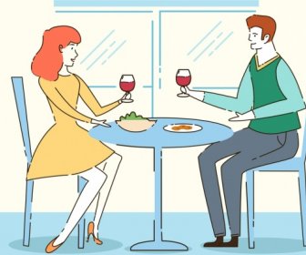 Lifestyle Drawing Cheering Couple Dinner Table Handdrawn Design