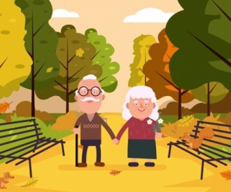 Lifestyle Drawing Old Couple Park Icons Colored Cartoon