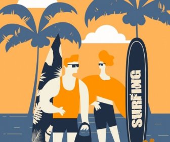 Lifestyle Drawing People Surfboard Beach Icons Orange Design