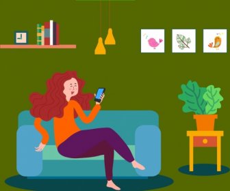 Lifestyle Drawing Relaxing Woman Smartphone Icons Colored Cartoon