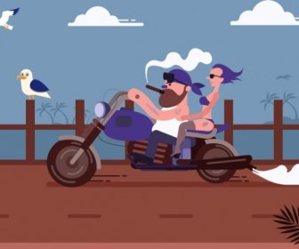 образ жизни, рисование стильных людей мотоцикл цветной мультфильм иконки