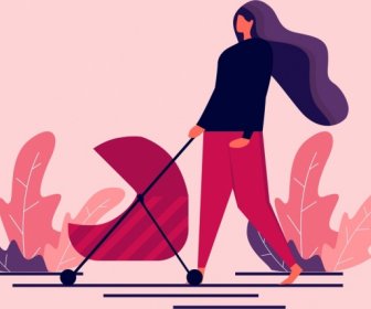 Menggambar Berjalan Ibu Troli Ikon Pink Desain Gaya Hidup