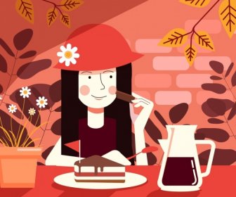 نمط الرسم امرأة أكل كعكة أيقونة تصميم الرسوم المتحركة