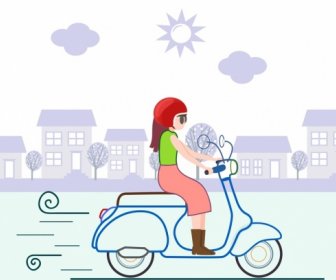 生活方式畫婦女騎摩托車圖示卡通素描
