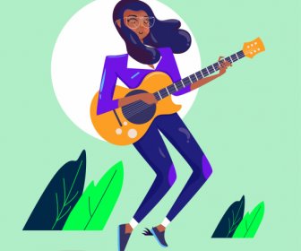 Gaya Hidup Ikon Gadis Bermain Gitar Sketsa Kartun Karakter