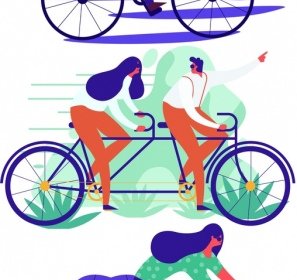 라이프 스타일 아이콘 사람들이 자전거 만화 스케치를 타고