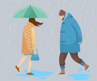 Yaşam Tarzı Simgeleri Yürüyen Insanlar Yağmurlu Eskiz Karikatür Karakterleri