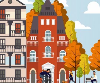 Lifestyle Painting Buildings People Activities Icons Cartoon Design