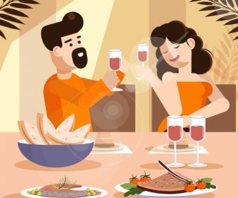 Lukisan Gaya Hidup Bersorak Ikon Makan Malam Makanan Pasangan