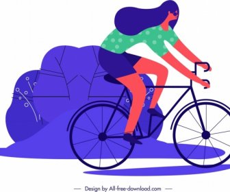 Lifestyle Painting Female Cyclist Icon Cartoon Sketch