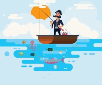 Lifestyle Painting Fishing Man Icon Cartoon Character Sketch