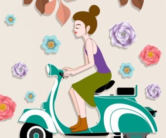 Lifestyle Painting Girl Scooter Icons Paper Cut Decor
