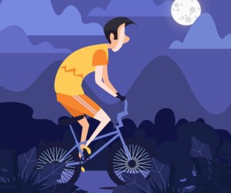 Lifestyle Painting Man Riding Bicycle Moonlight Icons Decor