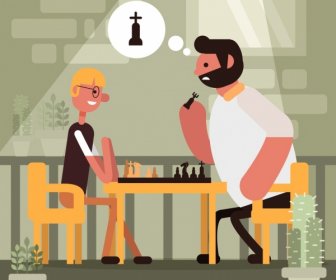 Lifestyle Painting Men Playing Chess Icon Cartoon Design