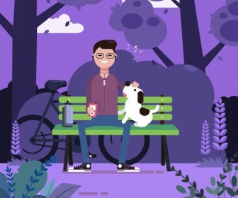 Lifestyle Painting Relaxed Man Pet Park Icons