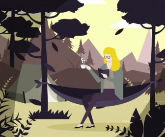 стиль живописи расслабленной женщина палатка иконы мультфильм дизайн