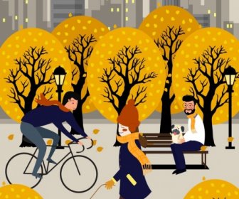 Lifestyle Painting Relaxing People Yellow Trees Cartoon Design