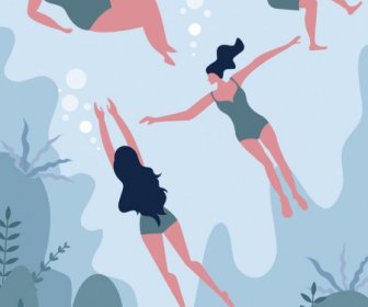 Lifestyle-Malerei Schwimmen Menschen Meer Symbole Cartoon Skizze