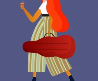 生活方式绘画步行女性小提琴手图标卡通素描