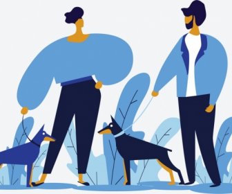 사람들이 애완 동물 아이콘 블루 장식 걷고 생활 회화