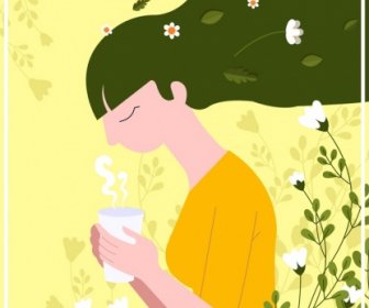 ไอคอนดอกไม้ไลฟ์สไตล์ภาพวาดผู้หญิงที่ดื่มชา