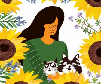 Lifestyle Painting Woman Pets Sunflowers Icons Cartoon Design
