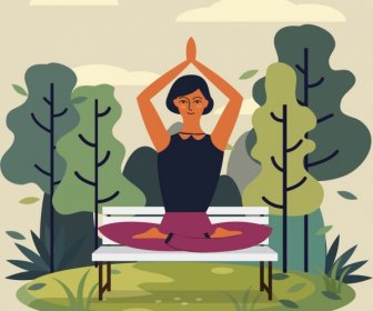 Yaşam Tarzı Yoga Kadın Simgesi Karikatür Tasarım Boyama
