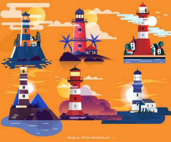 Lighthouse Icons Colorful Classical Design