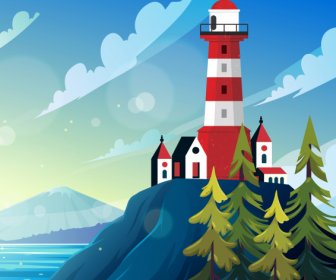 Lighthouse Scene Background Colorful Bright Classic Decor