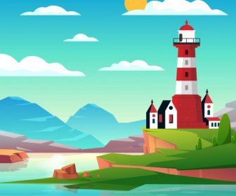 Lighthouse Scenery Painting Bright Colorful Design