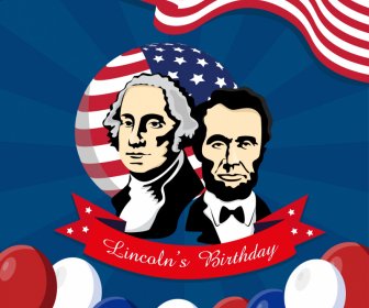 lincolns birthday holiday poster template president portrait ribbon flag elements balloon decor