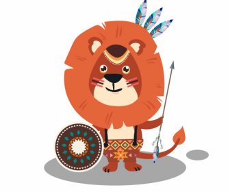 Icono De Animal León Traje étnico Esbozado Dibujos Animados