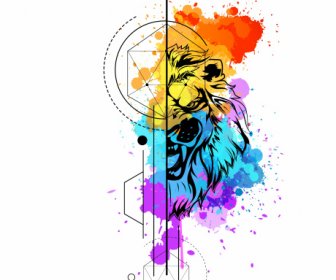 獅子動物紋身範本水彩的條紋裝飾