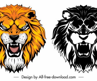 Lion Head Icons Colored Black White Sketch