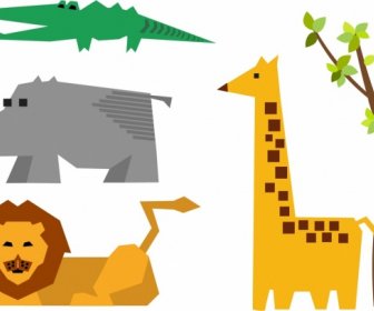 Lion Rhino Crocodile Girafe Icônes Conception Style Origami