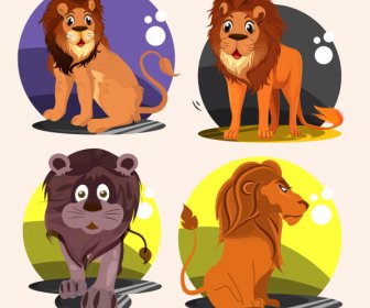 Lion Species Icons Funny Cartoon Characters Sketch