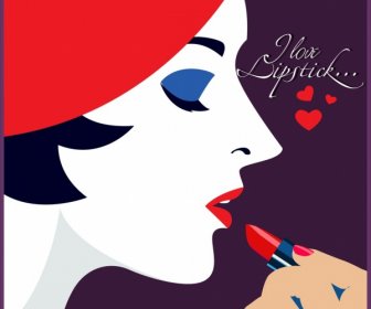 Lipstick Advertising Woman Face Icon Colored Cartoon Design